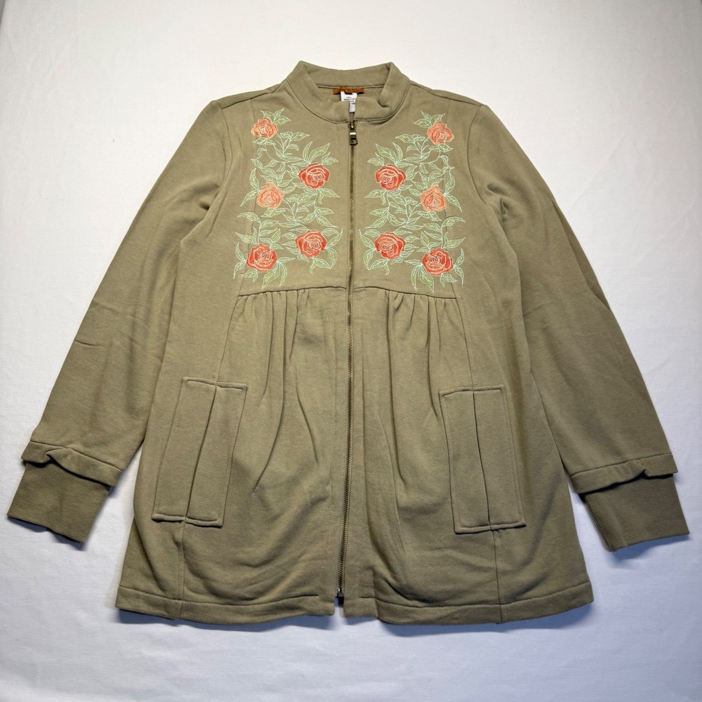 Tea House Sweatshirt Jacket M Sage Green Rose Embroidered Longline Cotton Boho